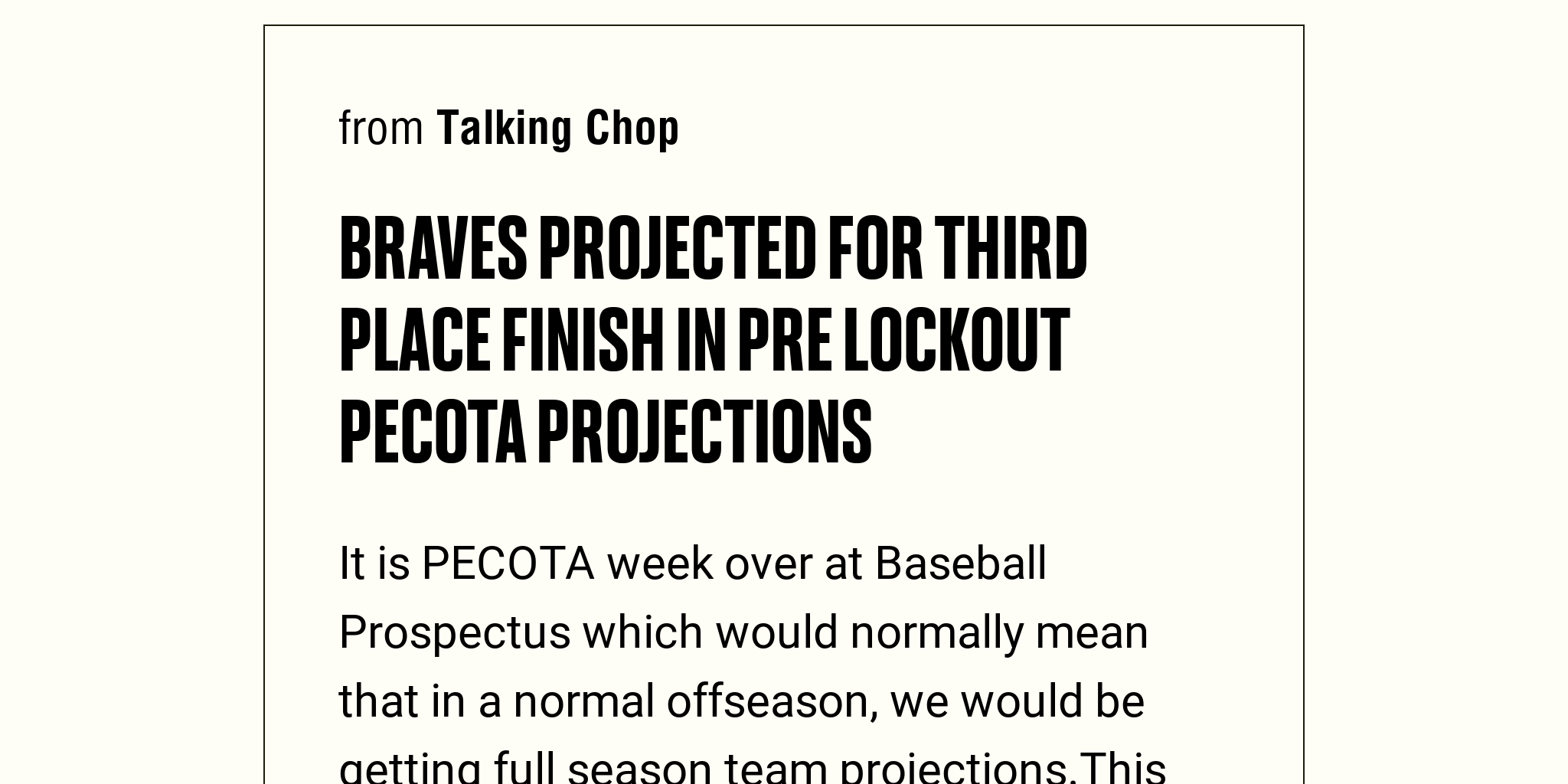 Braves projected for third place finish in pre lockout PECOTA