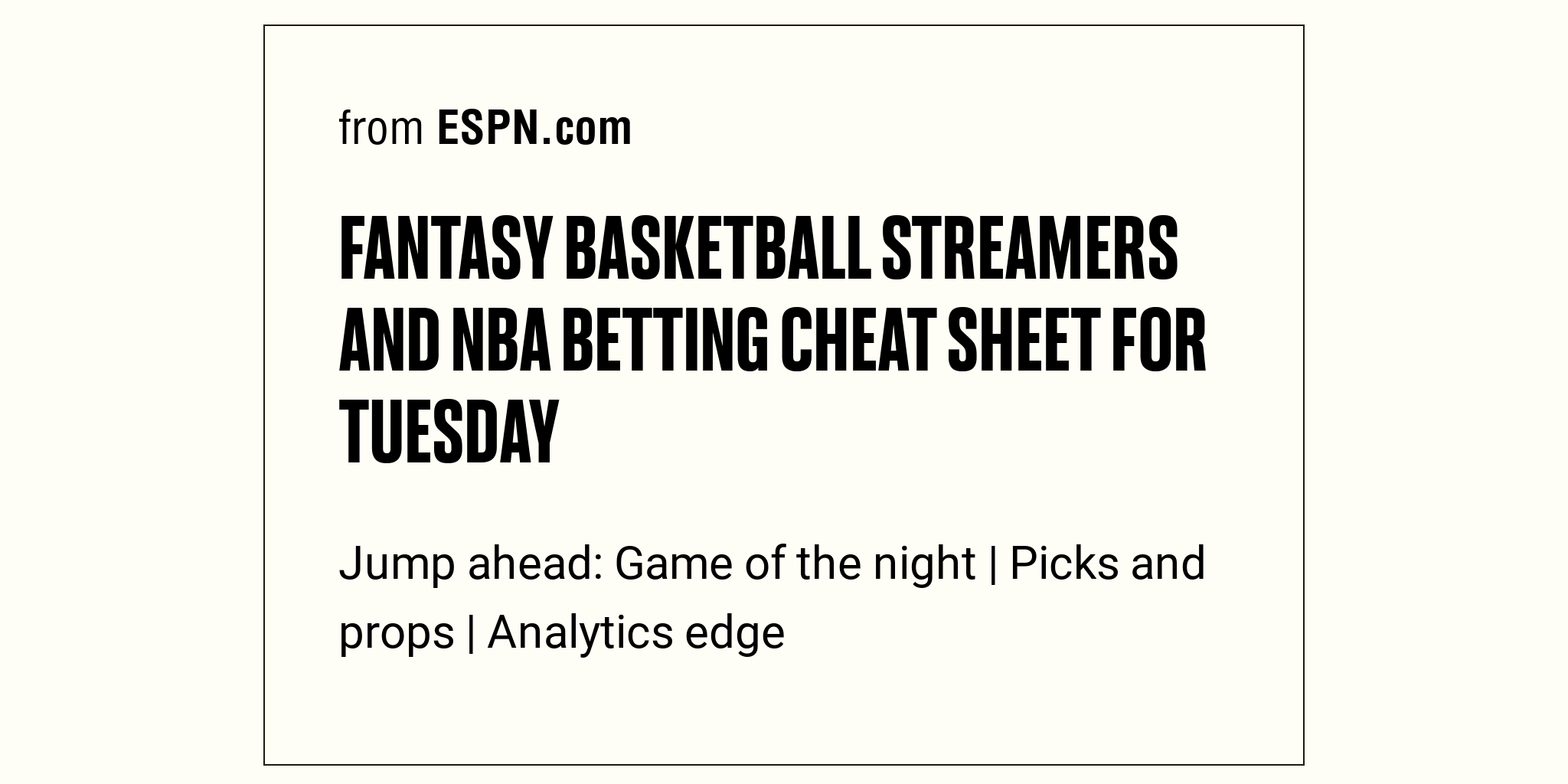 Fantasy basketball streamers and NBA betting cheat sheet for Tuesday