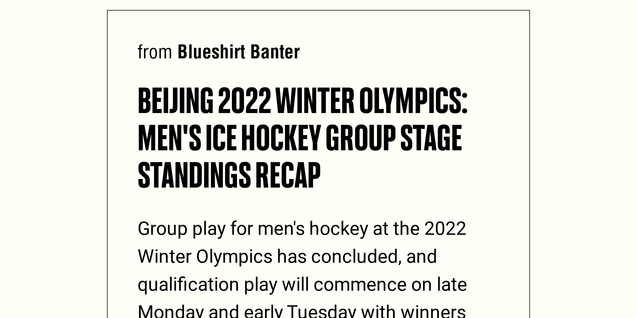 Beijing 2022 Winter Olympics Men's Ice Hockey Group Stage Standings