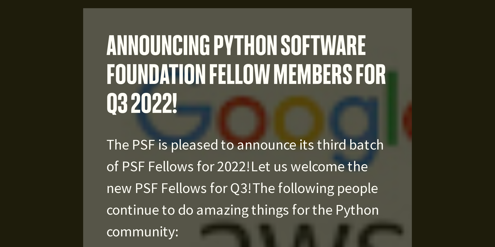 Announcing Python Software Foundation Fellow Members for Q3 2022! - Briefly